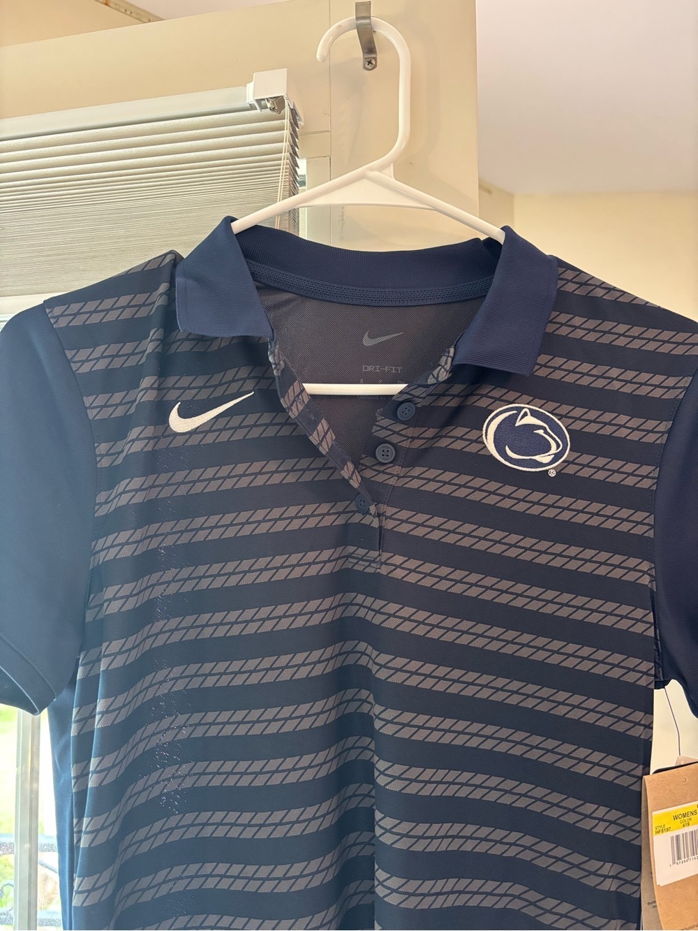 Nike Women's Navy and Gray Striped Performance Polo